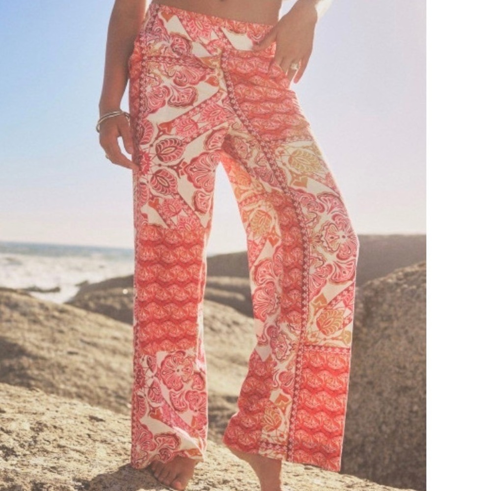 Next Pink Red Mandala Tile Print Wide Leg Linen Blend Pants‎ 10R 789-583-143